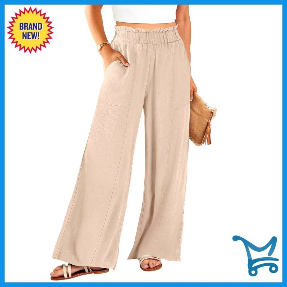 Linen Palazzo Pants High Waist Wide Leg Flowy Beach Casual Summer Trousers